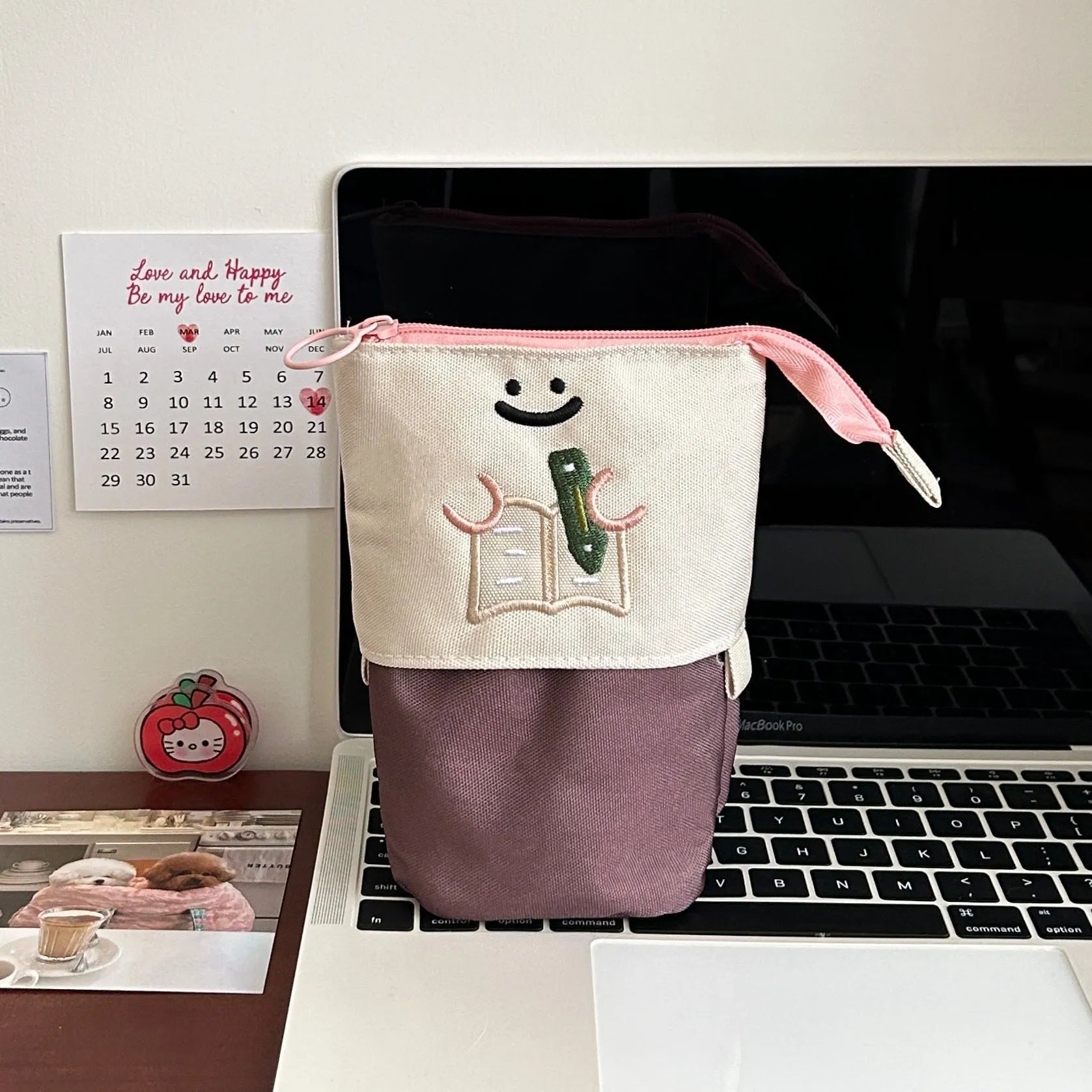 Brown Korean style collapsible Oxford fabric pencil case showing large capacity.