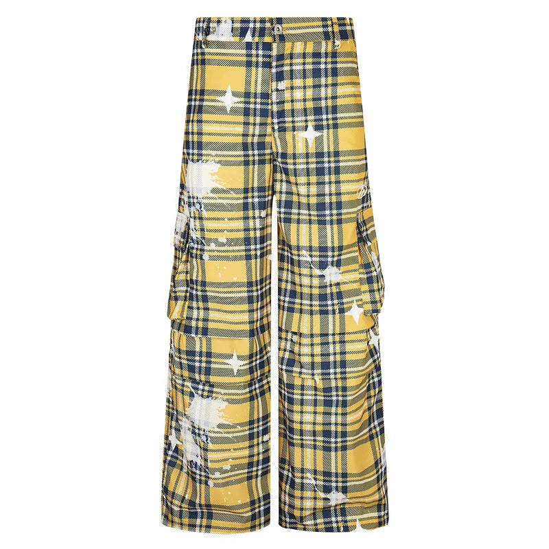 Men's retro plaid overalls loose straight casual trousers in blue polyester