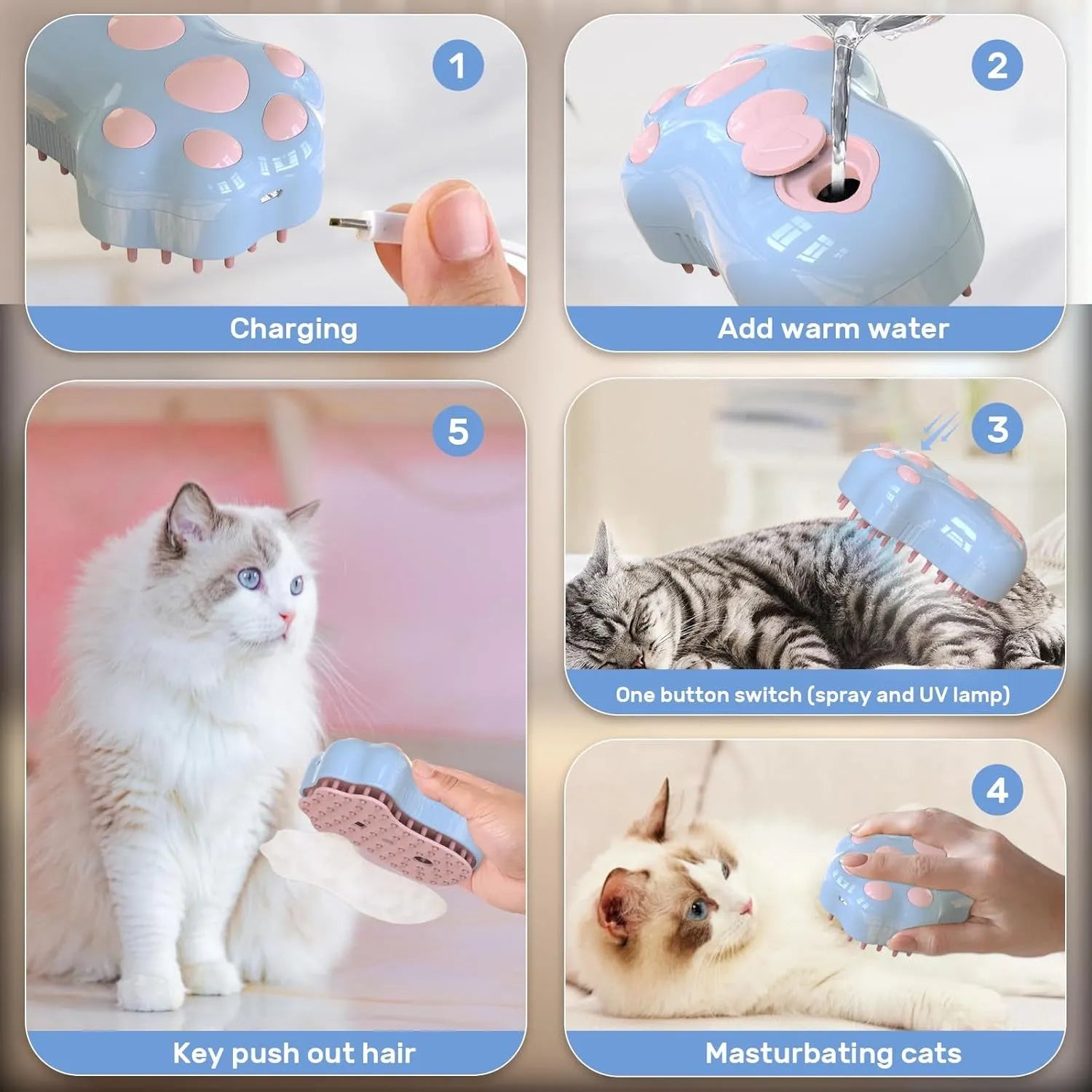 Blue self-cleaning silicone cat steam brush with release button for pet grooming