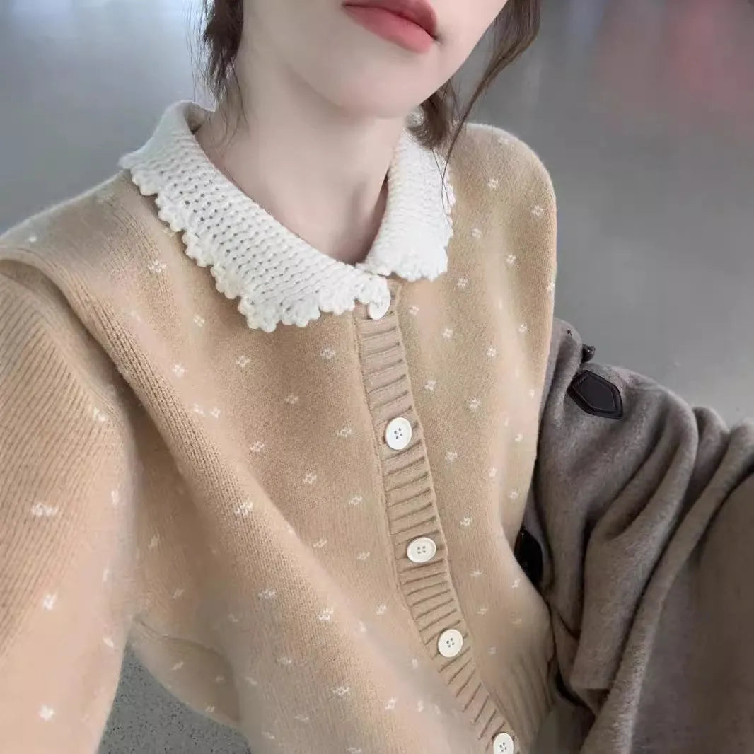 Retro floral pattern Peter Pan collar knitted cardigan coat in navy blue, apricot, or grey.