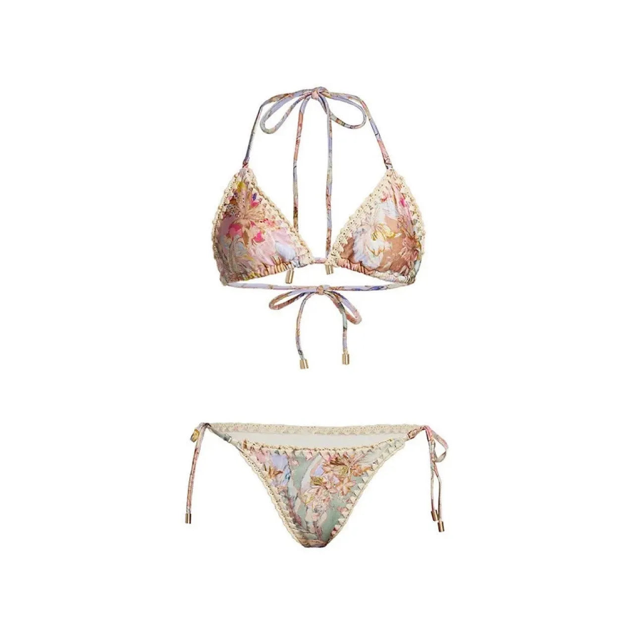 Women's creamy-white floral bikini set with halter top, briefs, and skirt