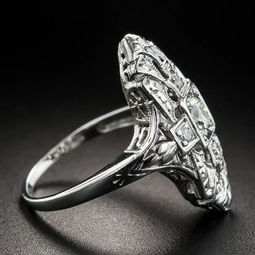 Geometric hollow out copper ring with diamond accents in electroplated silver finish