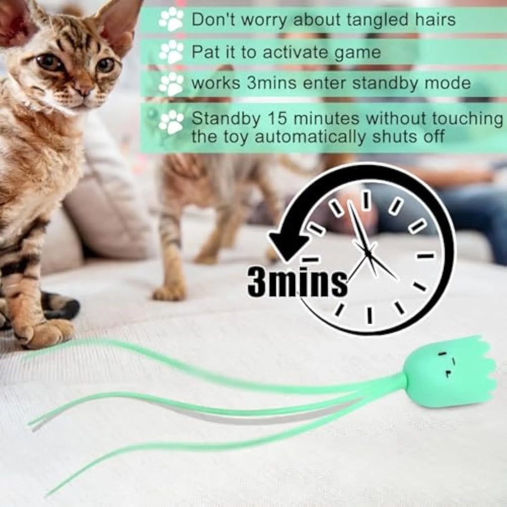 Green electronic cat toy with silicone swinging tail on 38cm wand for indoor cat entertainment