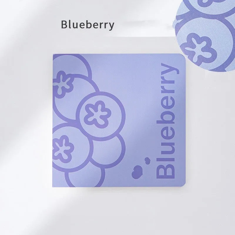 Square notebook with colour embossed fruity design cover, shown with 80g paper pages.