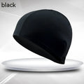 Black single line trim polyester swimming cap for adults unisex solid colour design