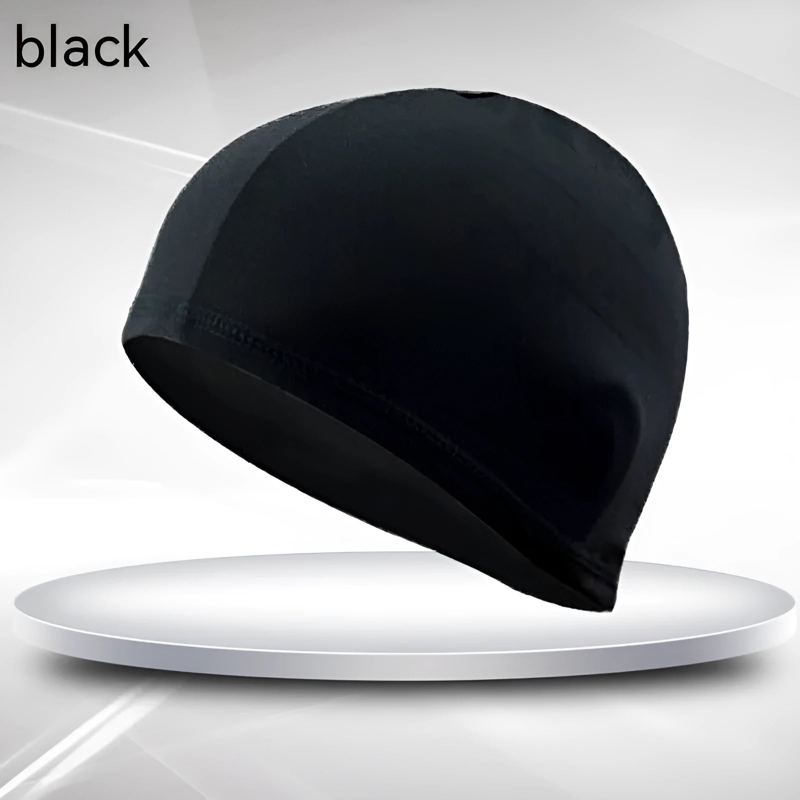 Black single line trim polyester swimming cap for adults unisex solid colour design