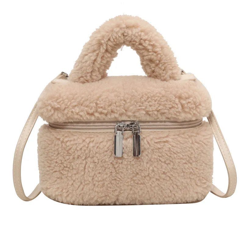 Plush women's shoulder bag in cream-white, box shape, with single strap and stitch detailing