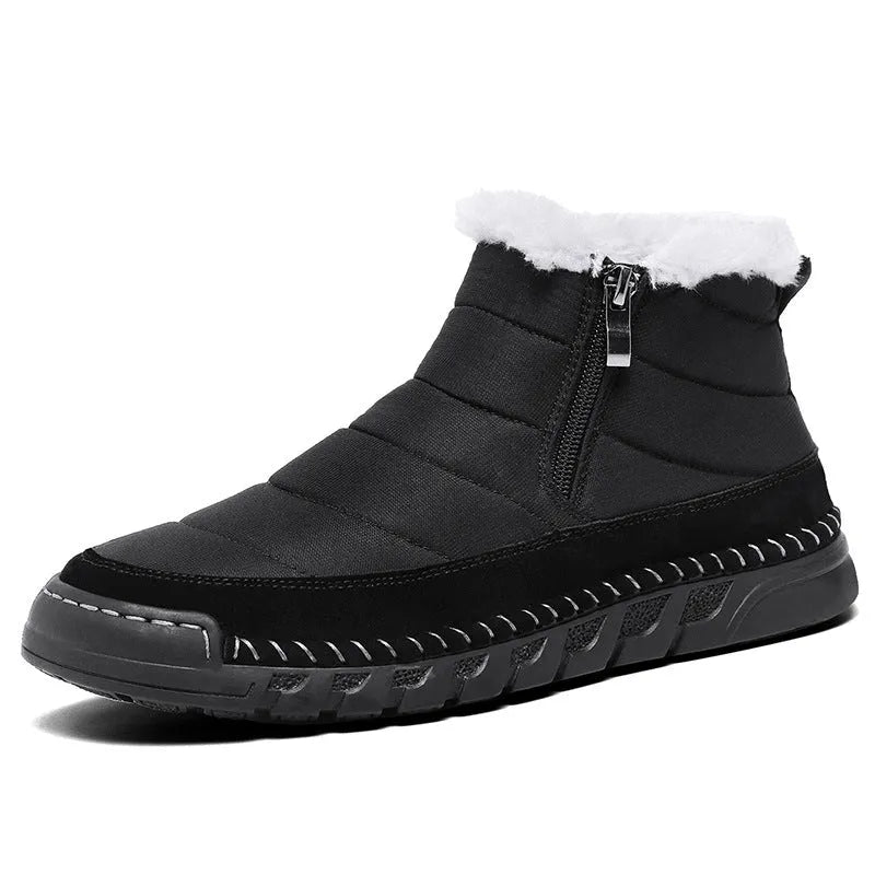Men's plus size snow boots in black with round toe, cotton cloth upper, and non-slip rubber sole