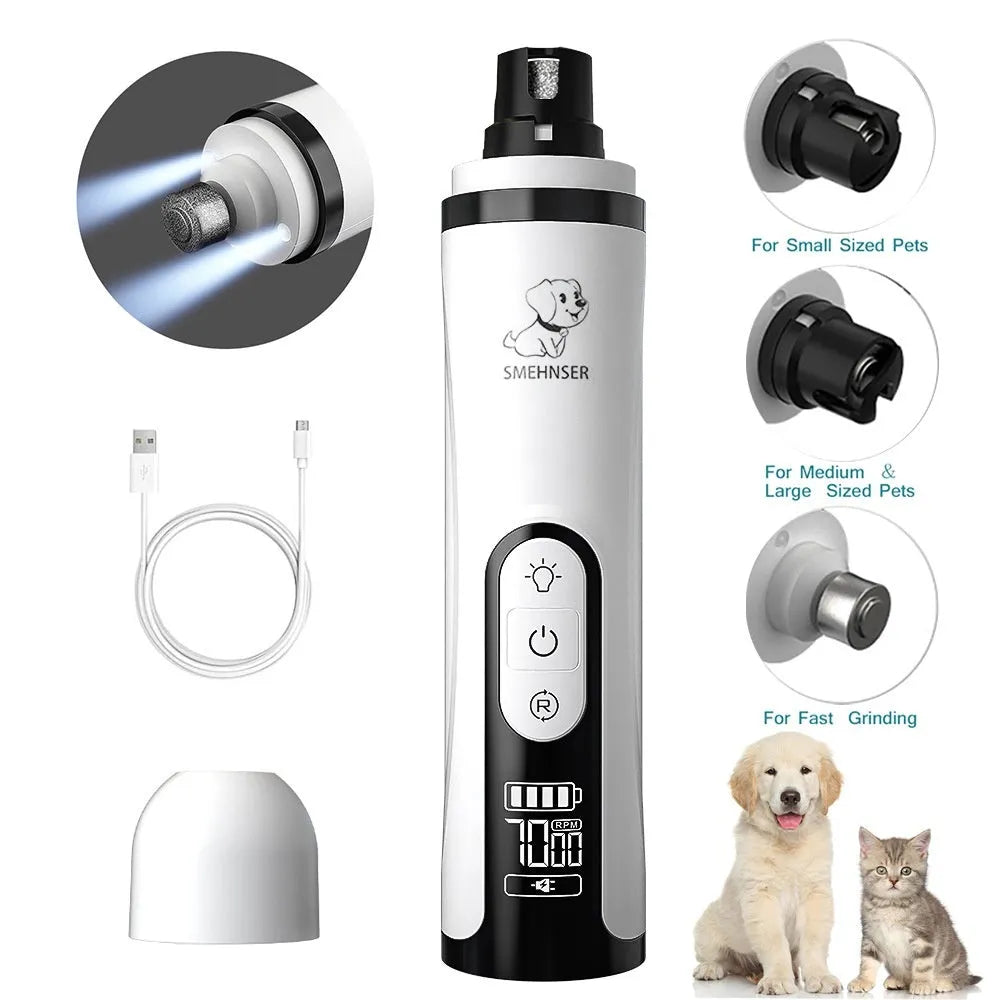 Electric dog nail grinder device with LED display showing speed settings and dust collection port
