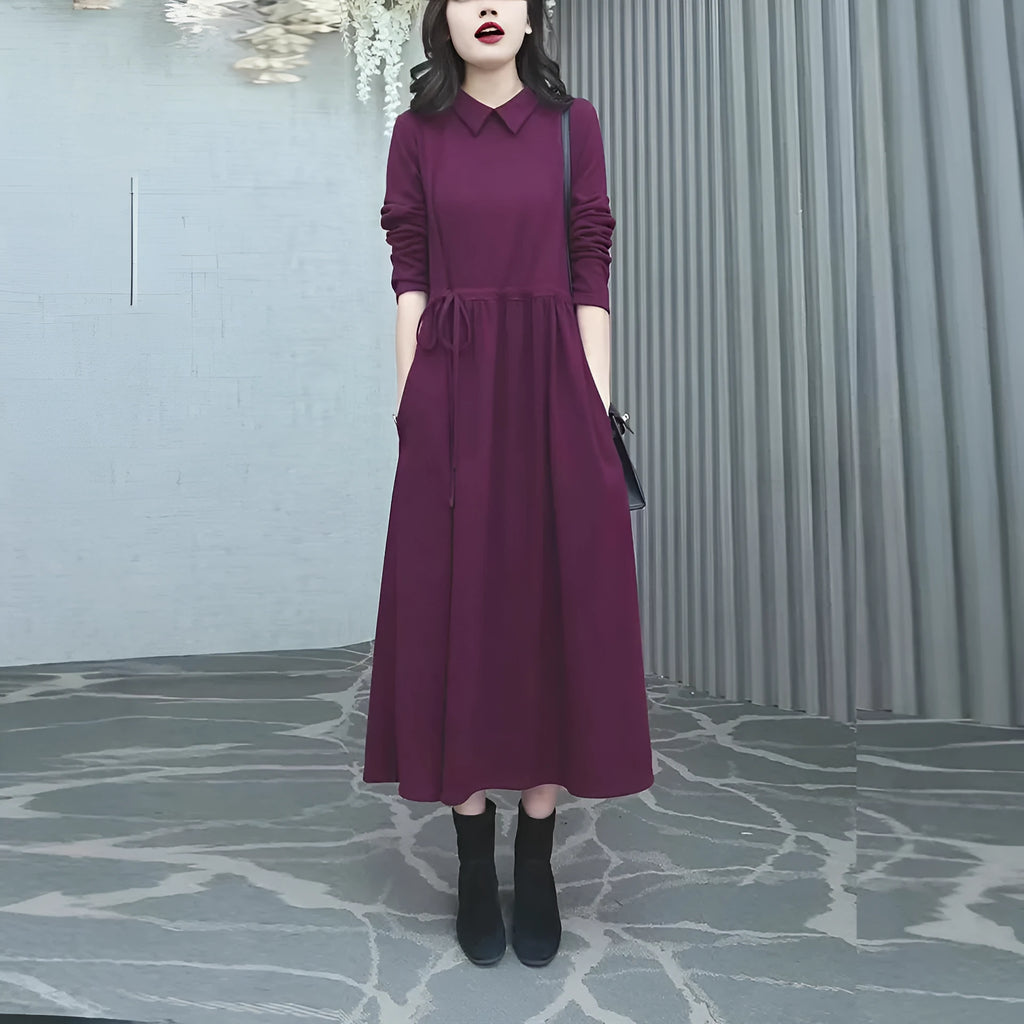Purplish red plus size women's dress with extra long sleeves and long skirt for autumn and winter wear