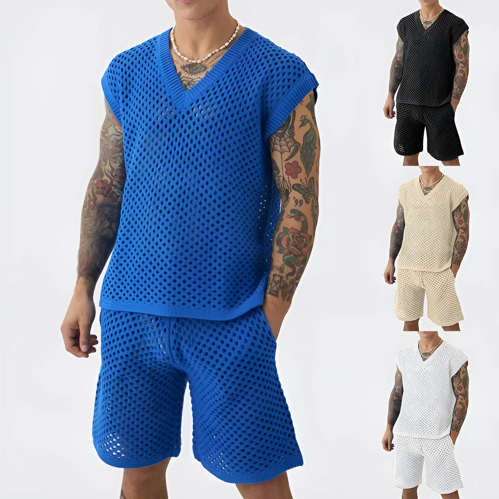 Men's blue V-neck sleeveless vest with matching sports shorts on a hanger
