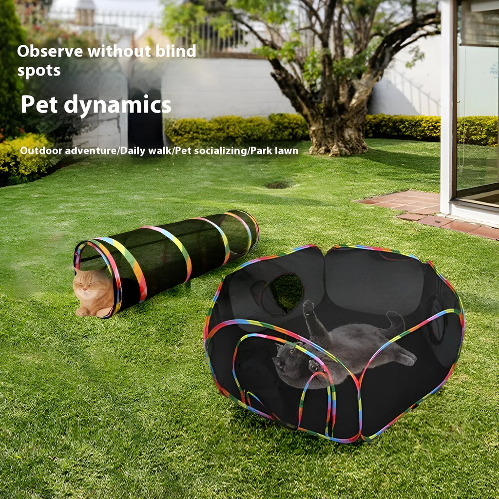 Foldable mesh cat roll cage in hexagonal style, showing breathable fabric and enclosed structure.