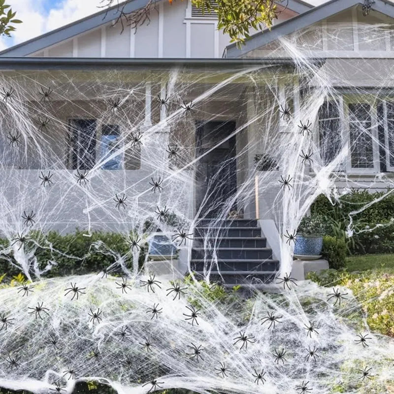 White cotton spider web Halloween decorations with spiders on dark background