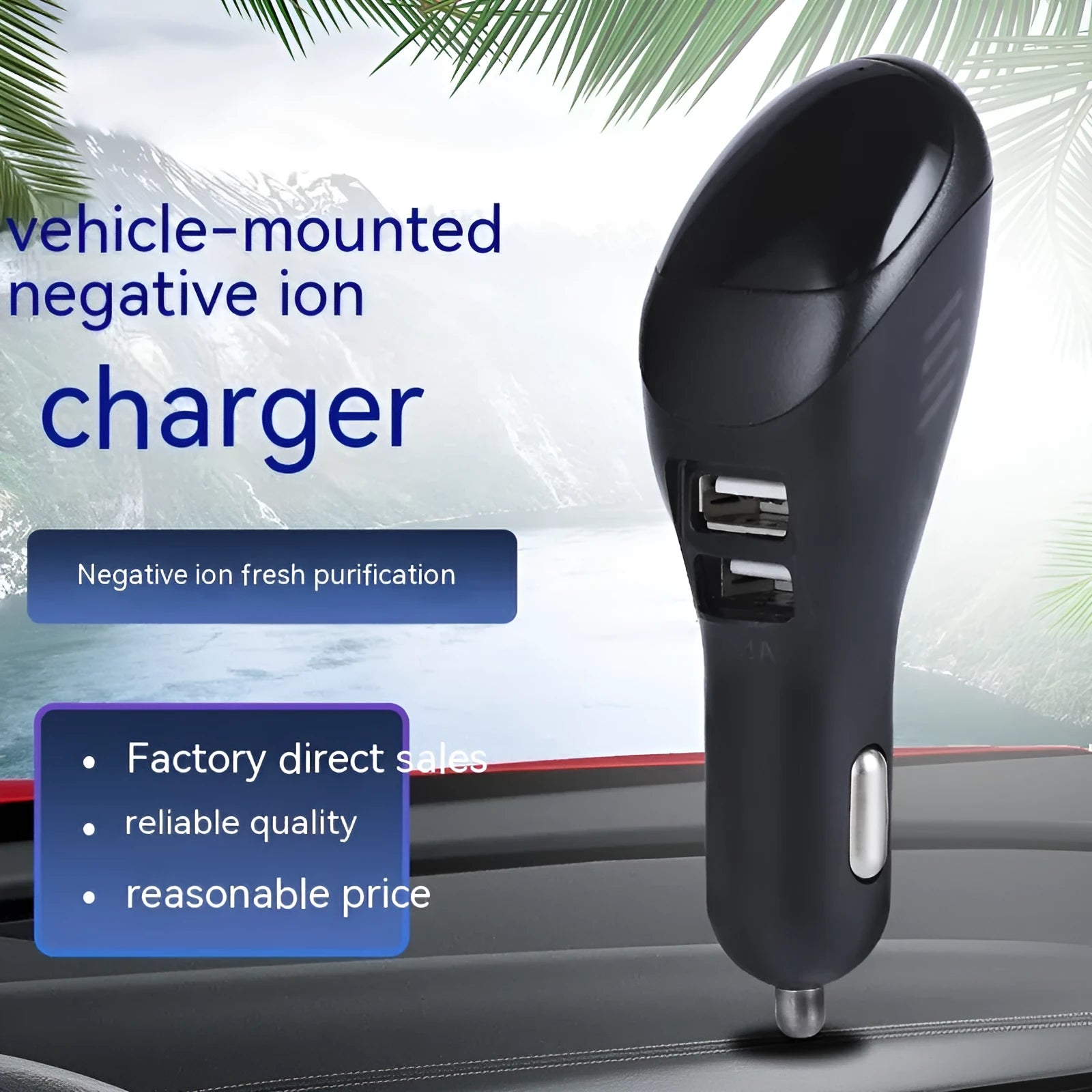 White car USB charger and negative ion air purifier with dimensions 103mm x 33mm x 32mm