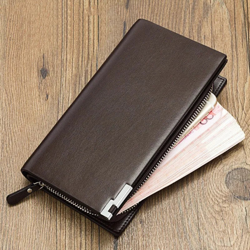 Men's long black PU leather wallet with a zipper and seven card slots laid open.