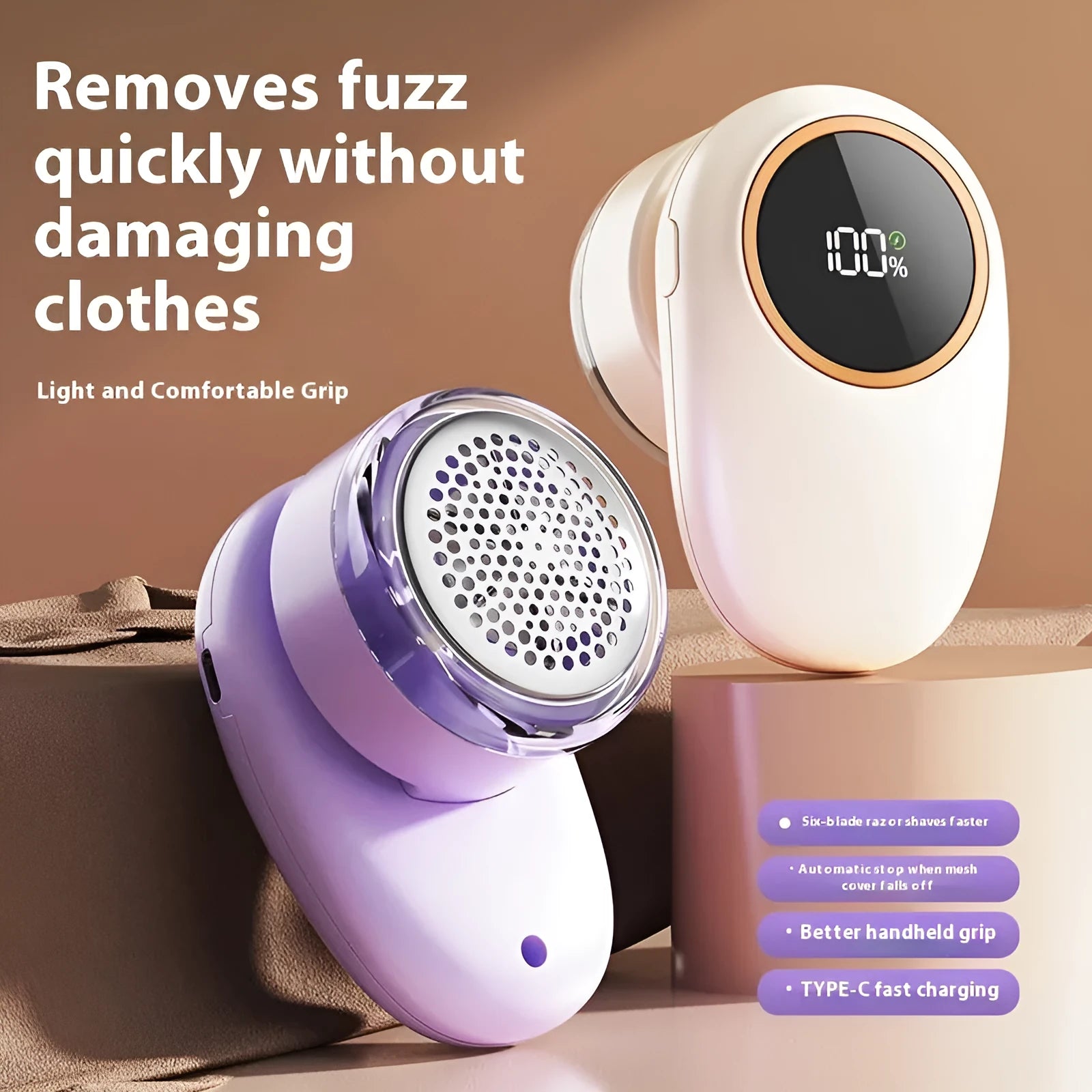 Beige and purple digital display fur ball trimmer with replaceable cutter heads for removing lint from fabrics.