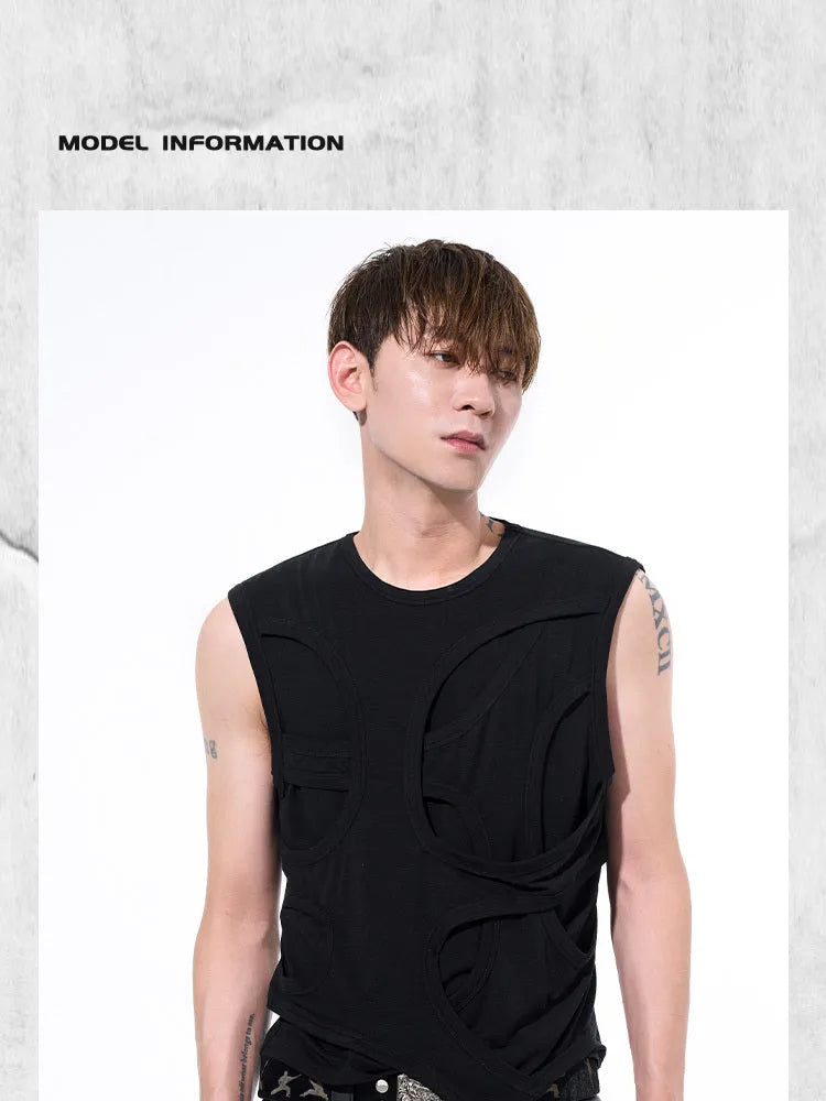Men's solid colour lyocell summer vest, black, round neck, standard fit tank top