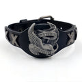 Black leather bracelet with alloy eagle watch-style clasp, geometric shape design
