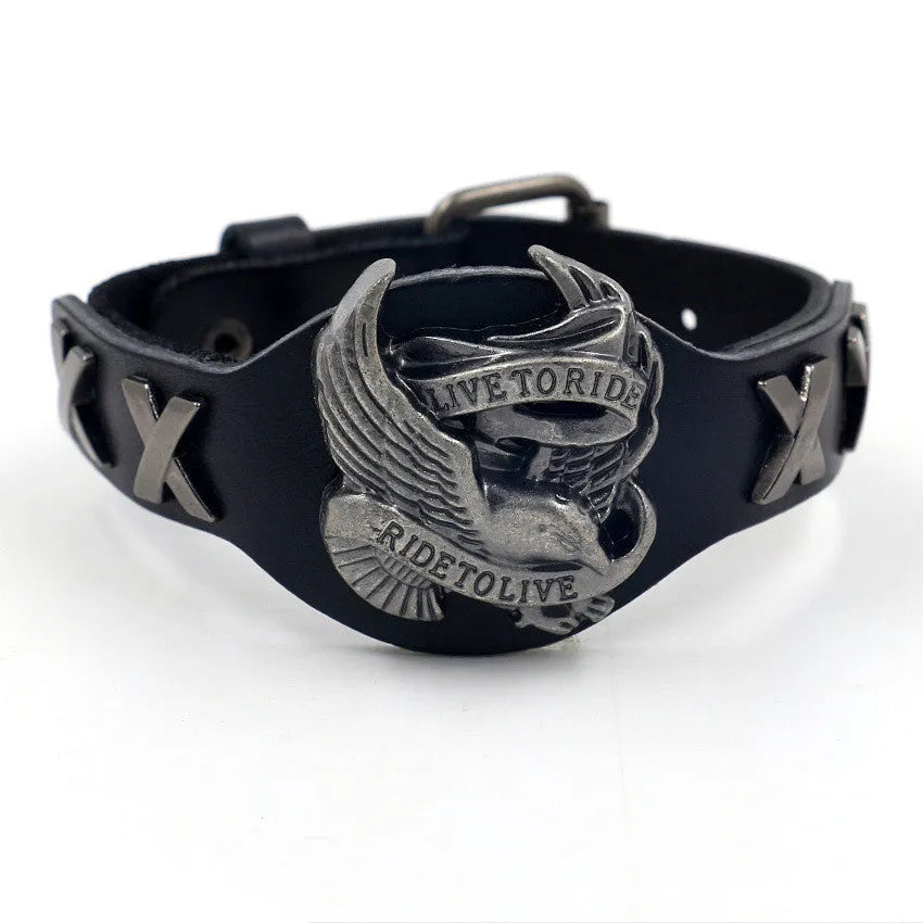 Black leather bracelet with alloy eagle watch-style clasp, geometric shape design