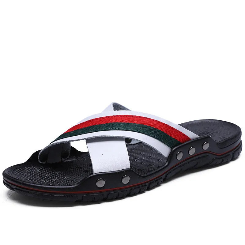 Men's cowhide leather flip-flops in black on a white background, showing the non-slip PU sole.