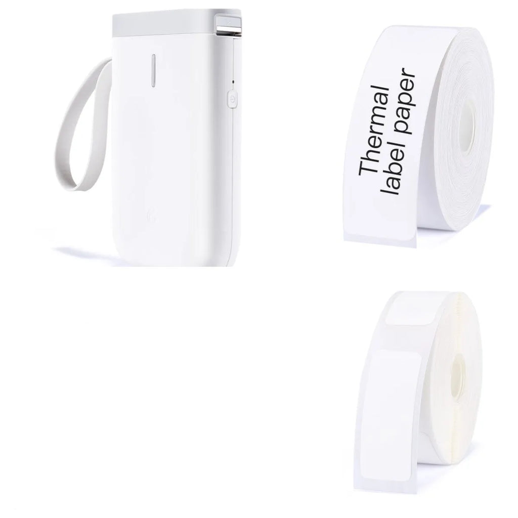D11 Bluetooth thermal label printer in black, white, pink, or green, shown next to a smartphone running the label design app.