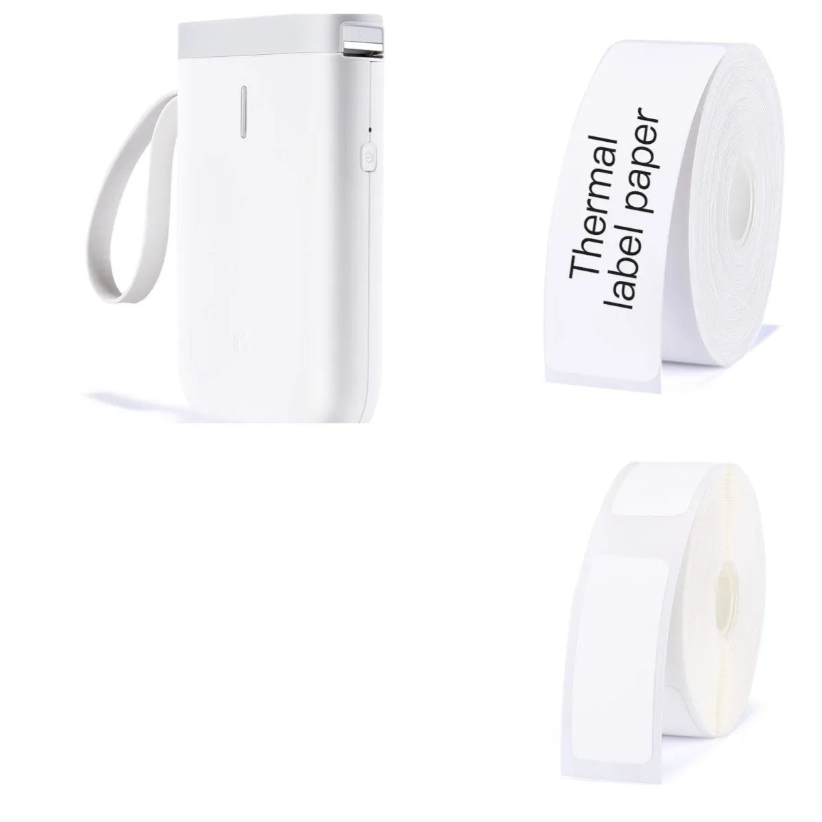 D11 Bluetooth thermal label printer in black, white, pink, or green, shown next to a smartphone running the label design app.