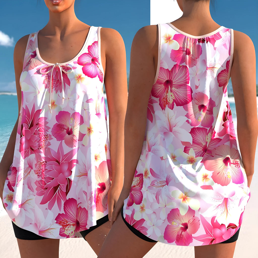 Plus size printed tankini swimsuit with high-waist briefs in pink printing colour