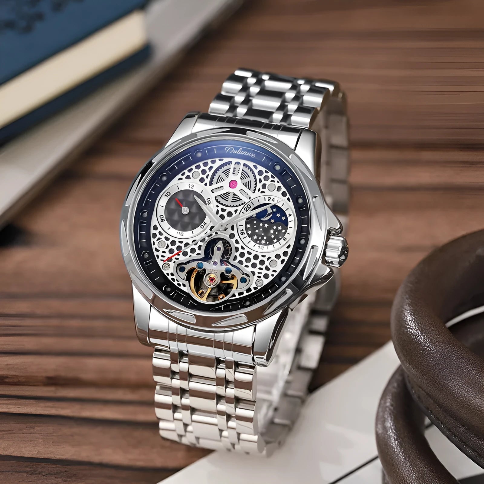 Men's automatic business watch with luminous hands, waterproof case, and choice of steel or leather bracelet