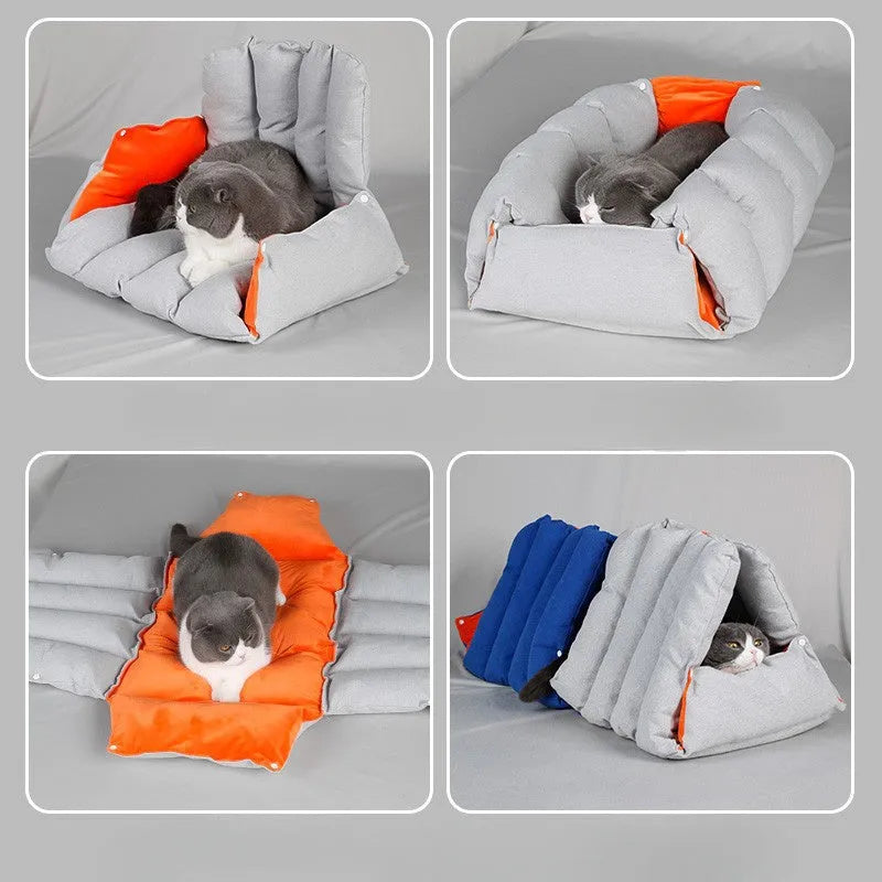Triangular sofa cat nest in blue, 100% cotton, 45x38x38 cm, with drilled holes
