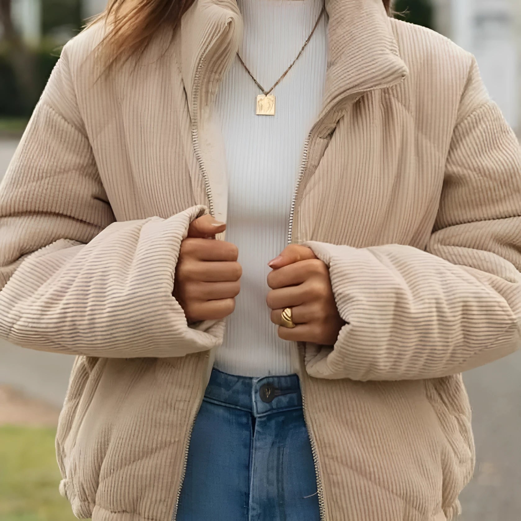 Apricot corduroy womens jacket with stand collar and full-length zipper in street fashion style
