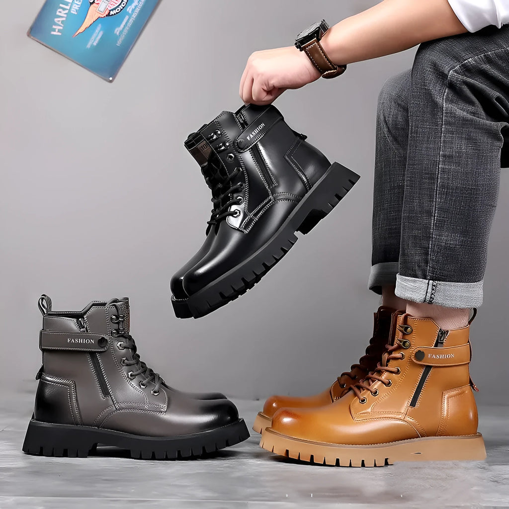 Light brown men's high-top Martin boot with side zipper on a thick rubber sole.