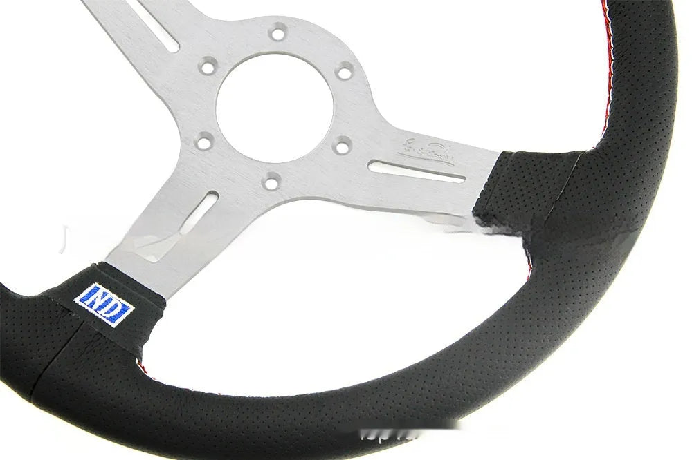 14-inch leather steering wheel with concave middle grip in black skeleton frame
