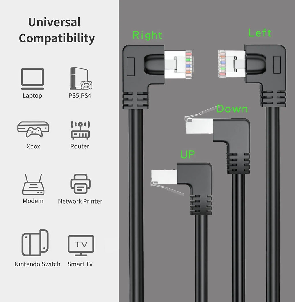 Cat6 Ethernet cable with a right-angle RJ45 metal connector in black, showing length markings.
