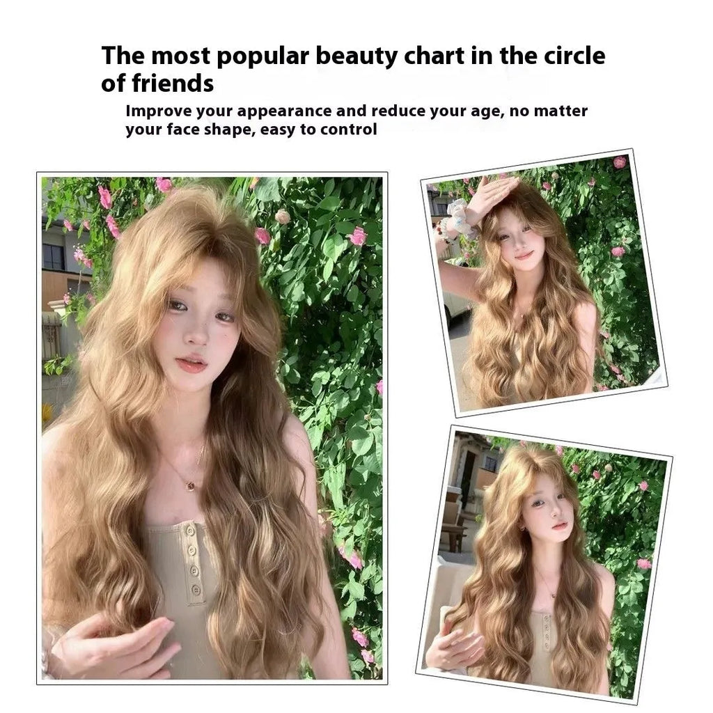 Linen brown medium long curly high temperature fibre wig with hair net on display