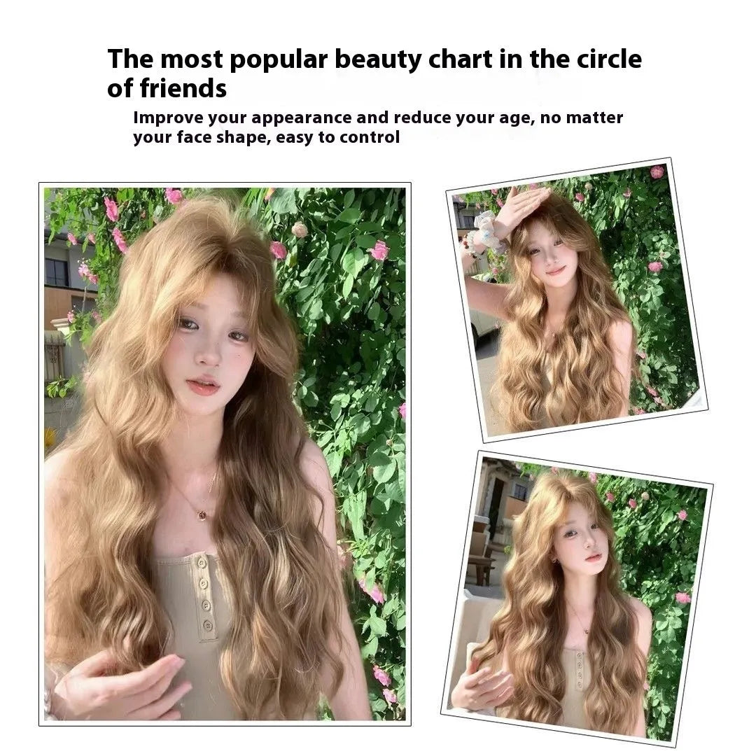 Linen brown medium long curly high temperature fibre wig with hair net on display