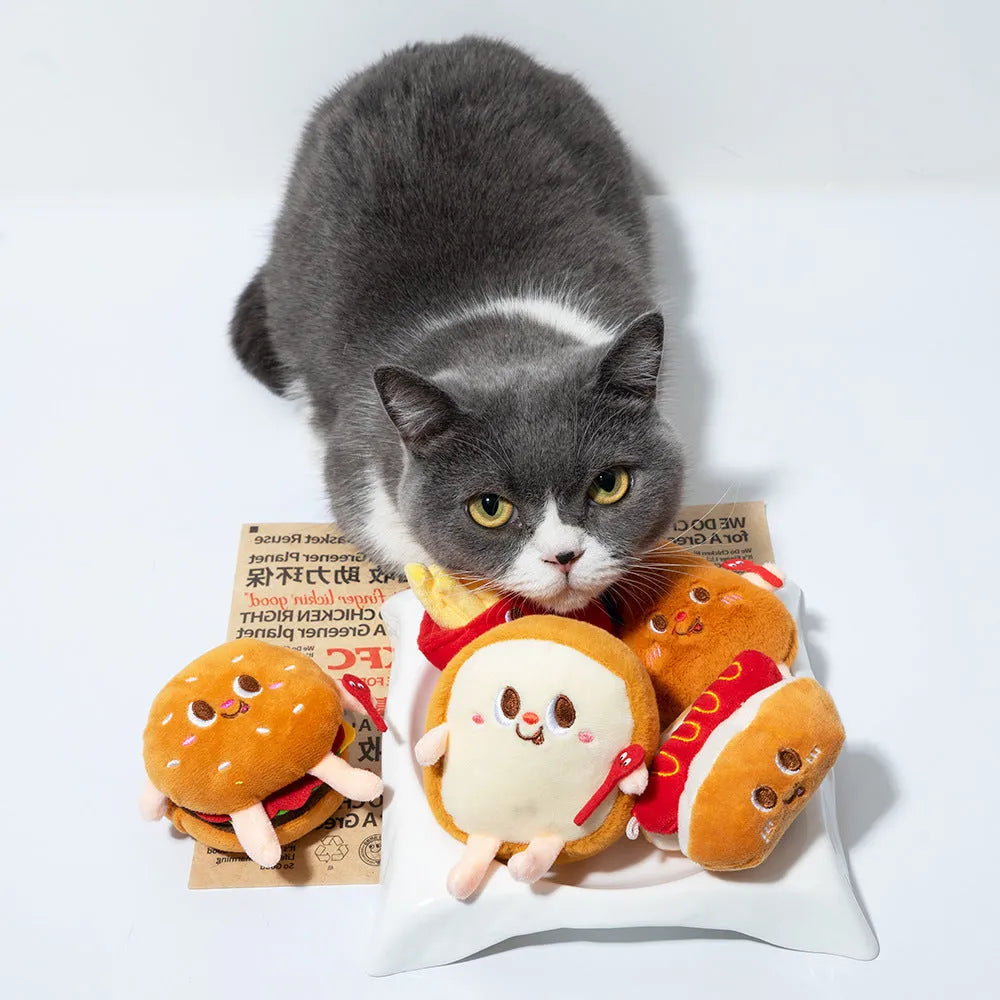 Cat mint plush chew toy set showing hamburger, chicken leg, fries, and hot dog shaped toys for kittens and cats
