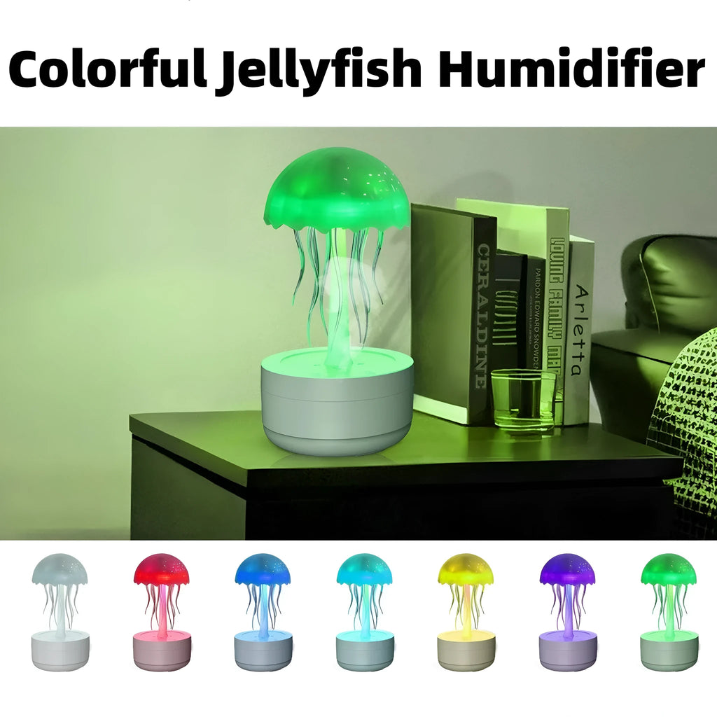 White resin jellyfish humidifier diffuser with 7-colour night light and essential oil tray for bedroom or office desk