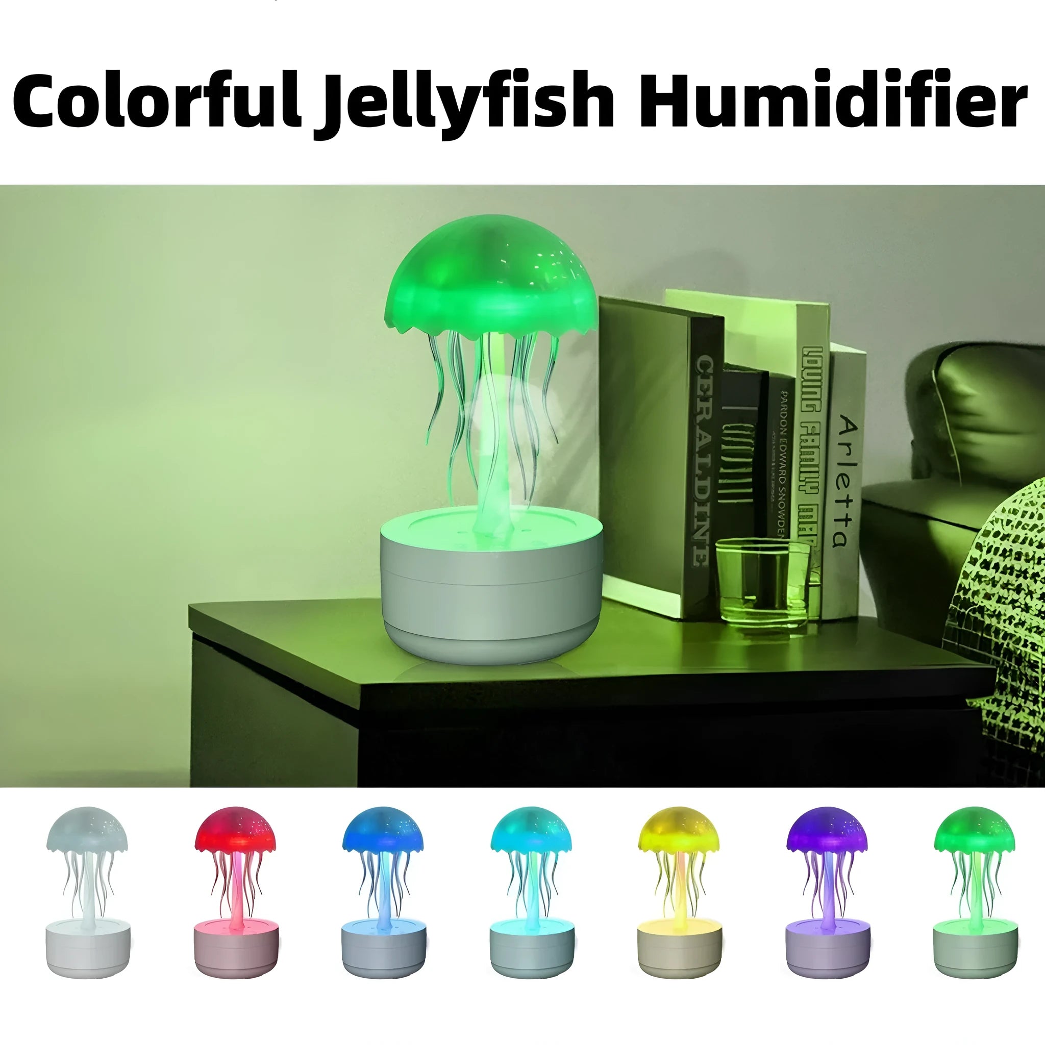 White resin jellyfish humidifier diffuser with 7-colour night light and essential oil tray for bedroom or office desk