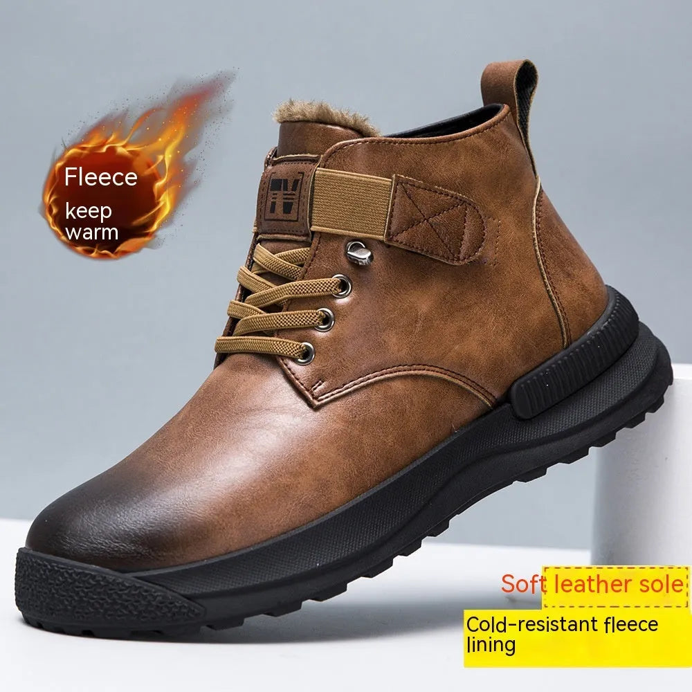 Men's black Martin platform boots with velvet upper and rubber sole on white background
