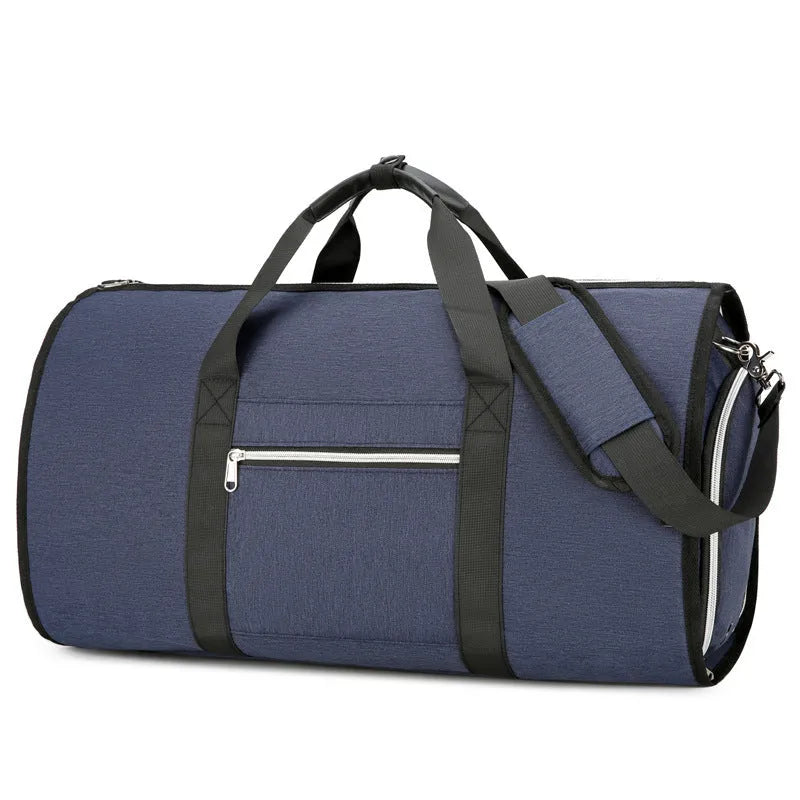 Grey Oxford cloth sports bag showing dry wet separation compartments and expansion function.
