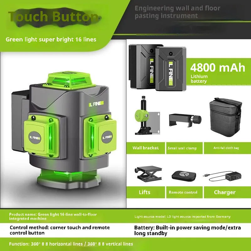 Green laser level projecting multiple lines with nylon and aluminium housing measuring 11x13.5x13.5cm