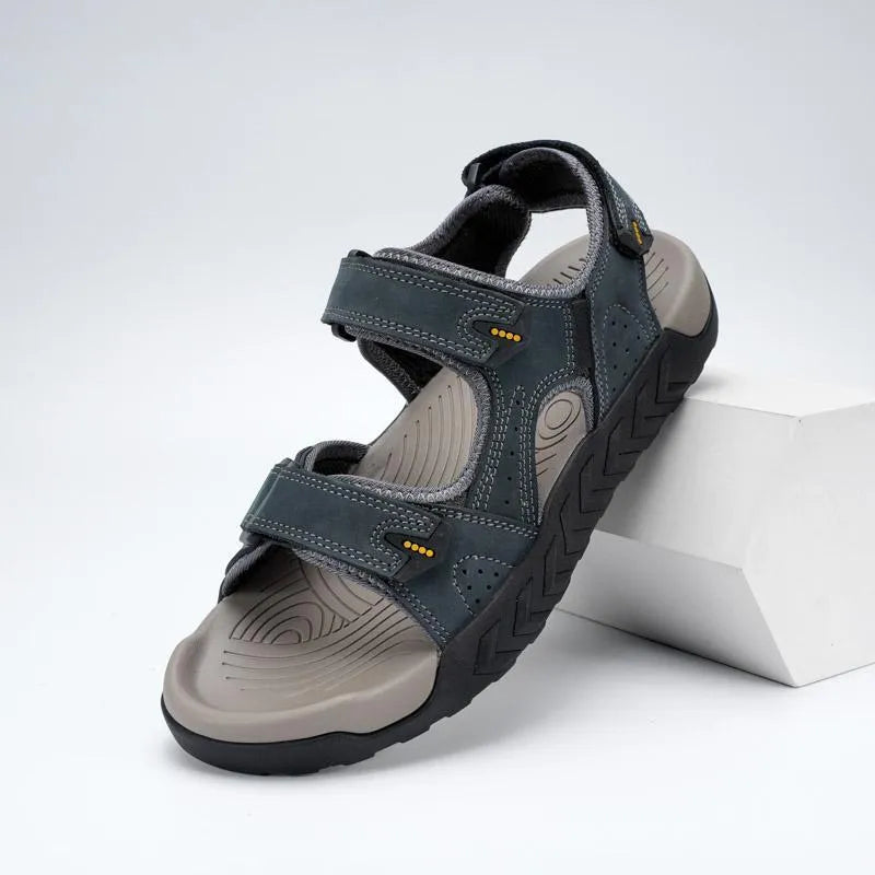 Men's breathable beach sandals with first layer cowhide upper and rubber sole in dark gray