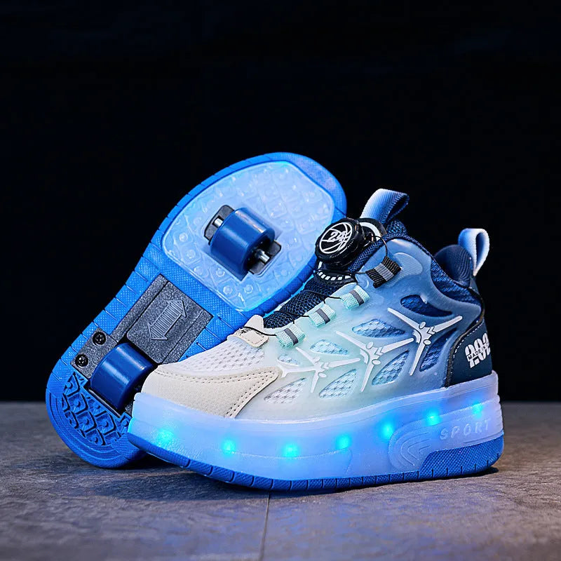 Children's striped roller skates with a knob adjustment in blue, black, and pink colour options.