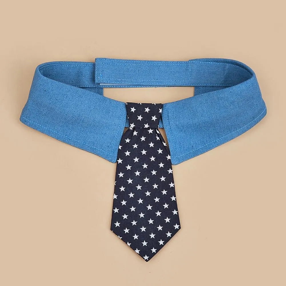 Denim pet collar with star pattern necktie, adjustable fastener tape, on a light background