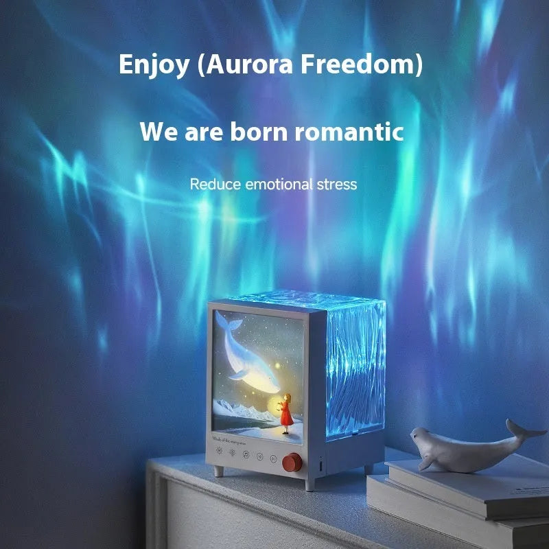 Aurora Treasure Box atmospheric projection lamp projecting Star Sea Whale light pattern on a dark wall.