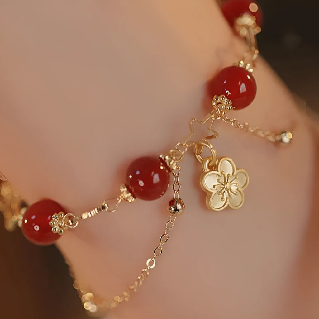 Women's red agate double layer ethnic fashion bracelet with floral peach blossom design elements