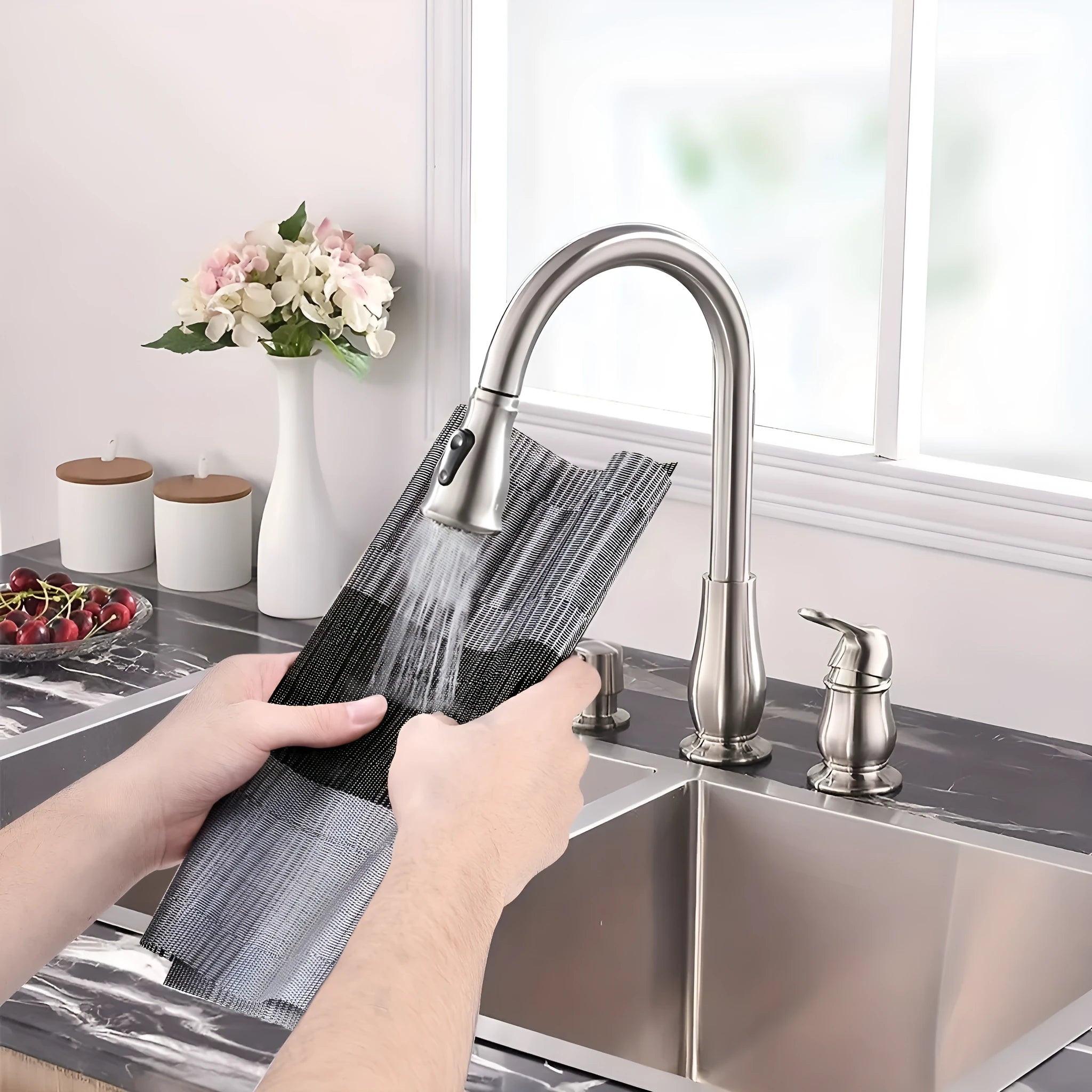 PVC non-slip placemat in gradient bamboo black on a kitchen countertop.