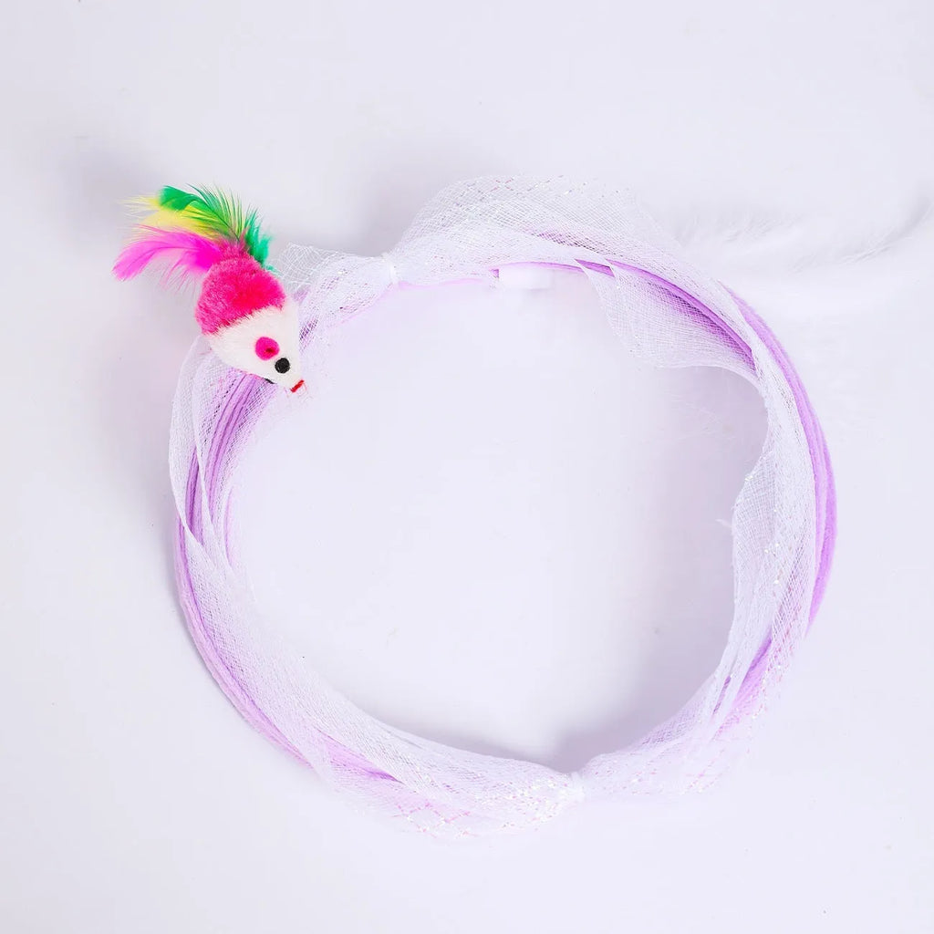 S-type cat tunnel with steel wire frame and elastic net walls, featuring attached feather toys, on a wooden floor