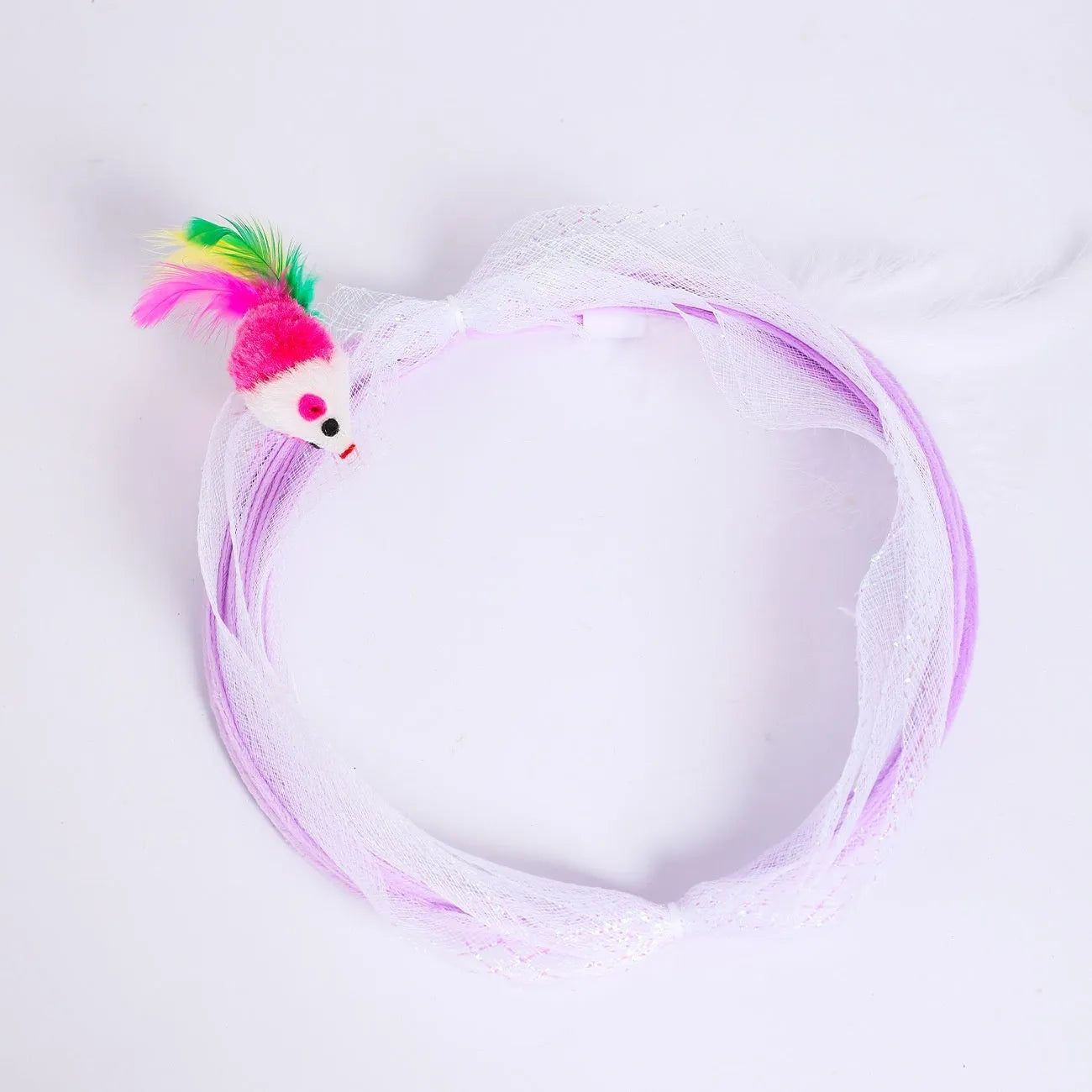 S-type cat tunnel with steel wire frame and elastic net walls, featuring attached feather toys, on a wooden floor