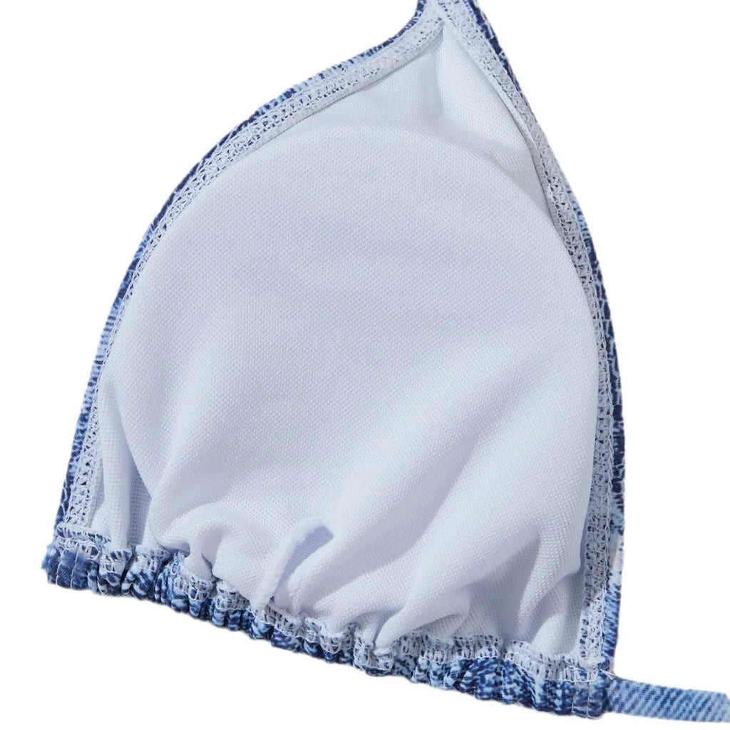 Women's denim print bikini set with strap details in blue colour